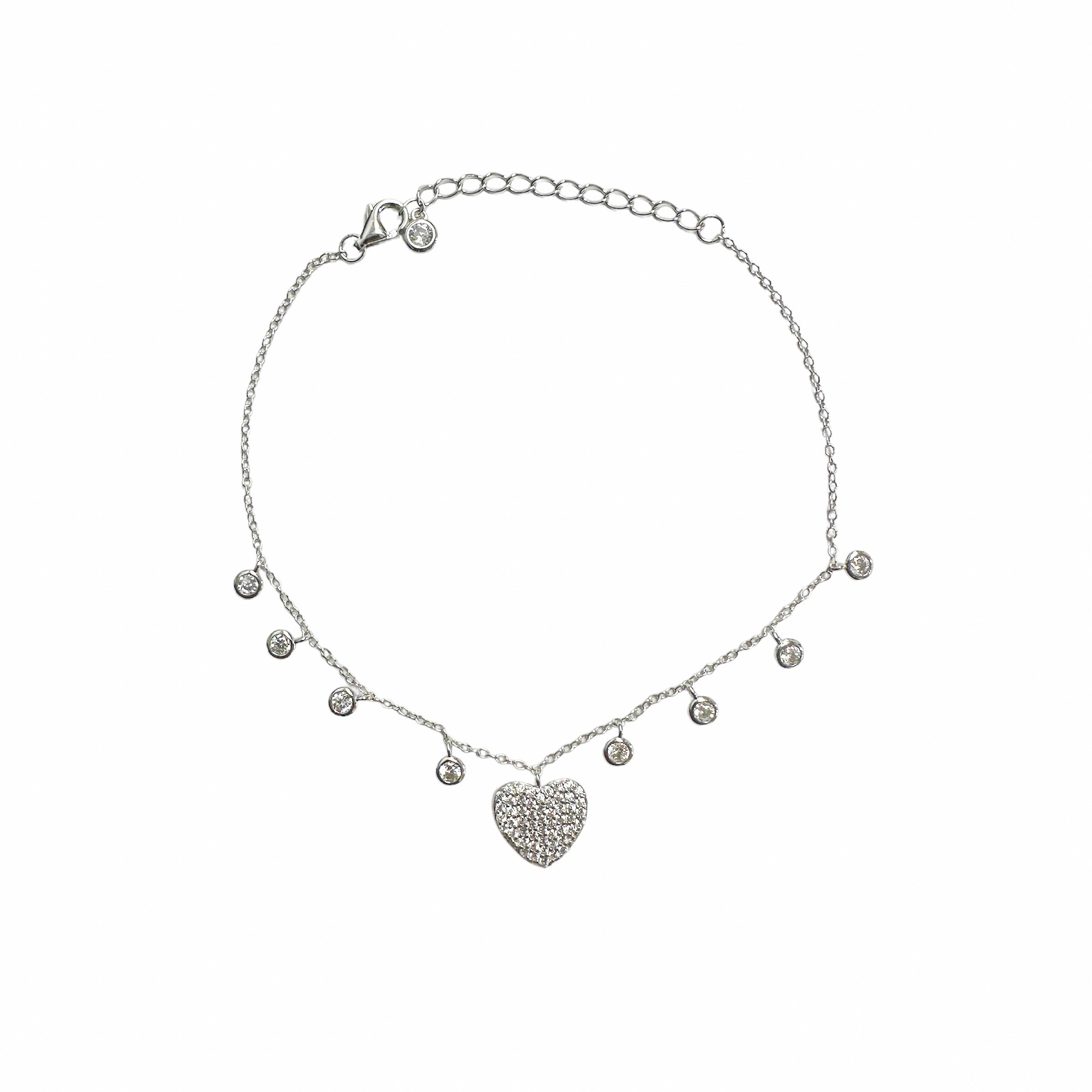 Rhodium Plated 925 Sterling Silver Heart and Round Dangling Charm Bracelet - STB00625