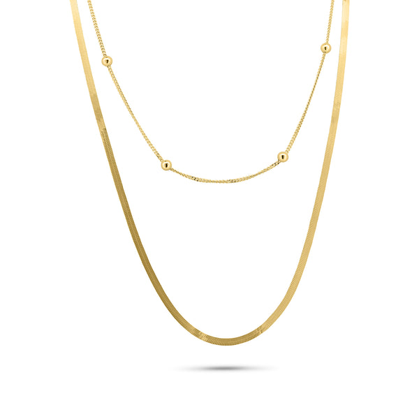 Gold Plated 925 Sterling Silver Herringbone and Curb Beaded Dual Strand Adjustable Necklace - GCN00002