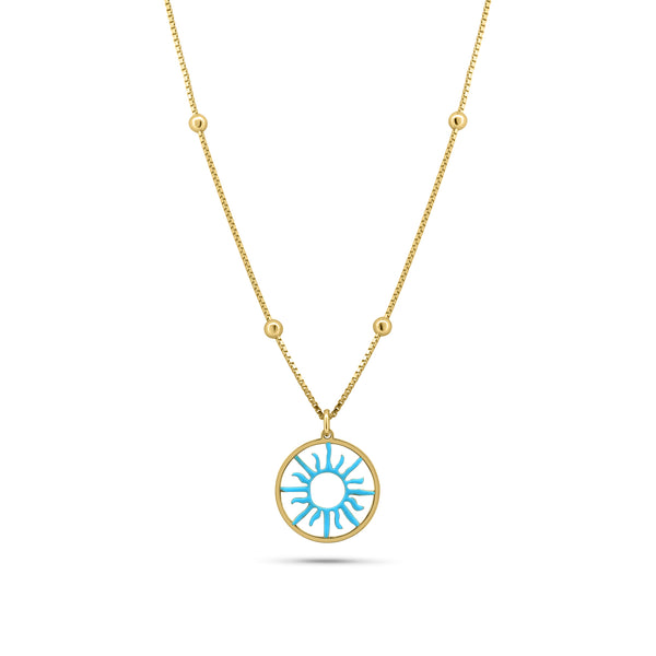 Gold Plated 925 Sterling Silver Turquoise Sun Charm Box Beaded Adjustable Necklace - GCN00003