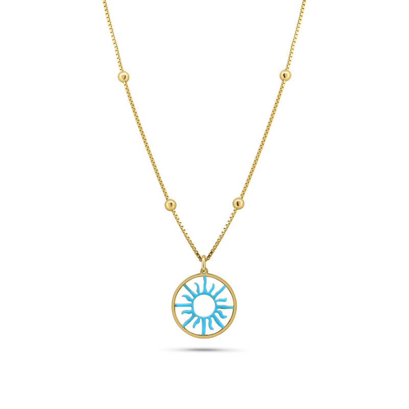 Gold Plated 925 Sterling Silver Turquoise Sun Charm Box Beaded Adjustable Necklace - GCN00003