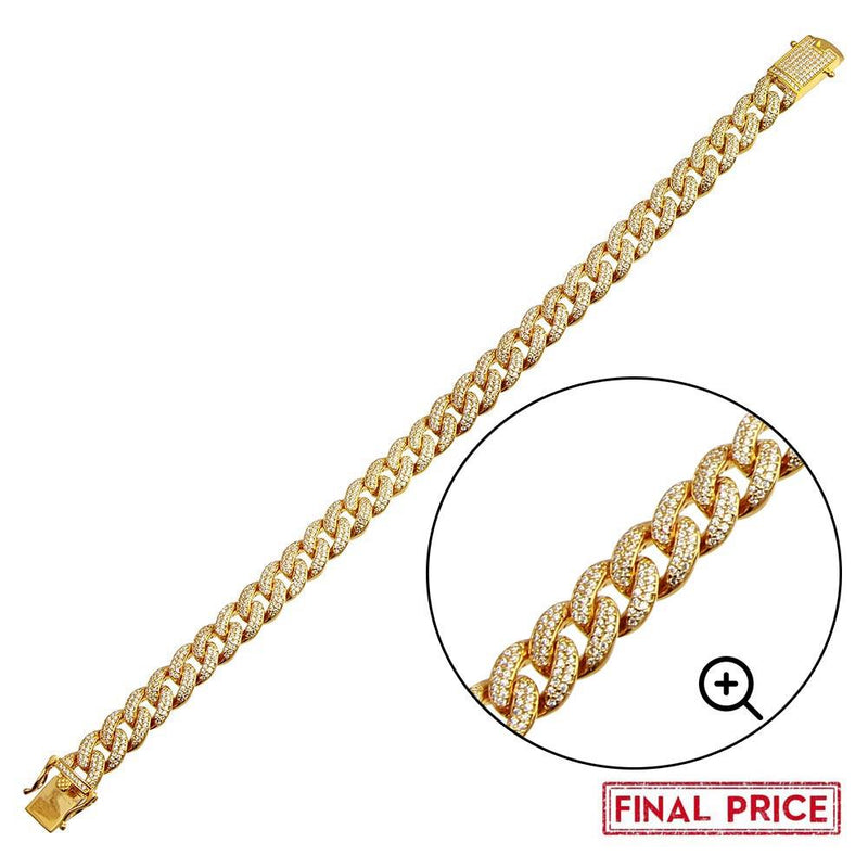 Gold Plated 925 Sterling Silver 9.5mm Miami Curb CZ Chain and Bracelet - GMN00176GP | GMB00089GP