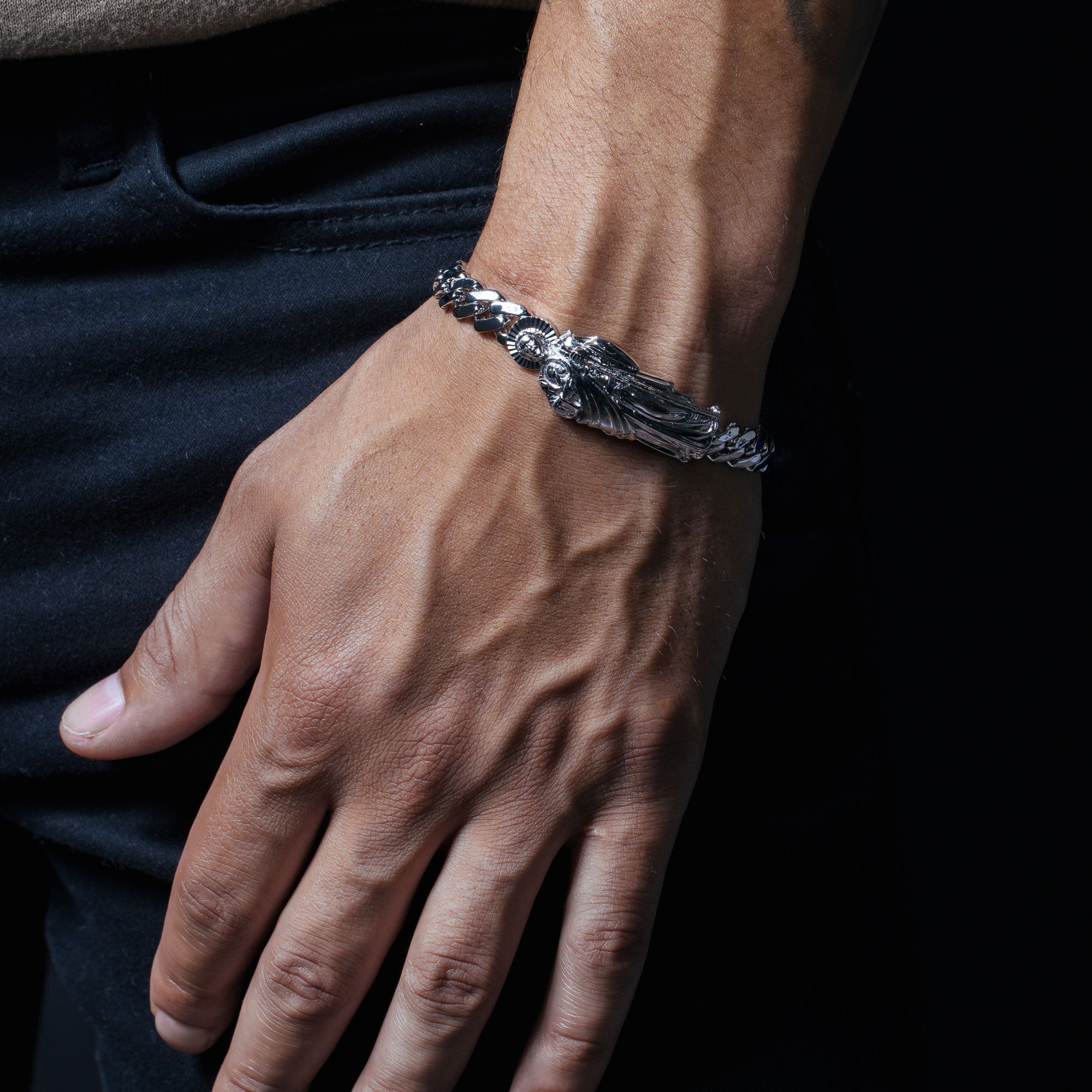 Pulsera cubana de San Judas de 8,8 mm con baño de rodio en plata de ley 925 - GMB00123