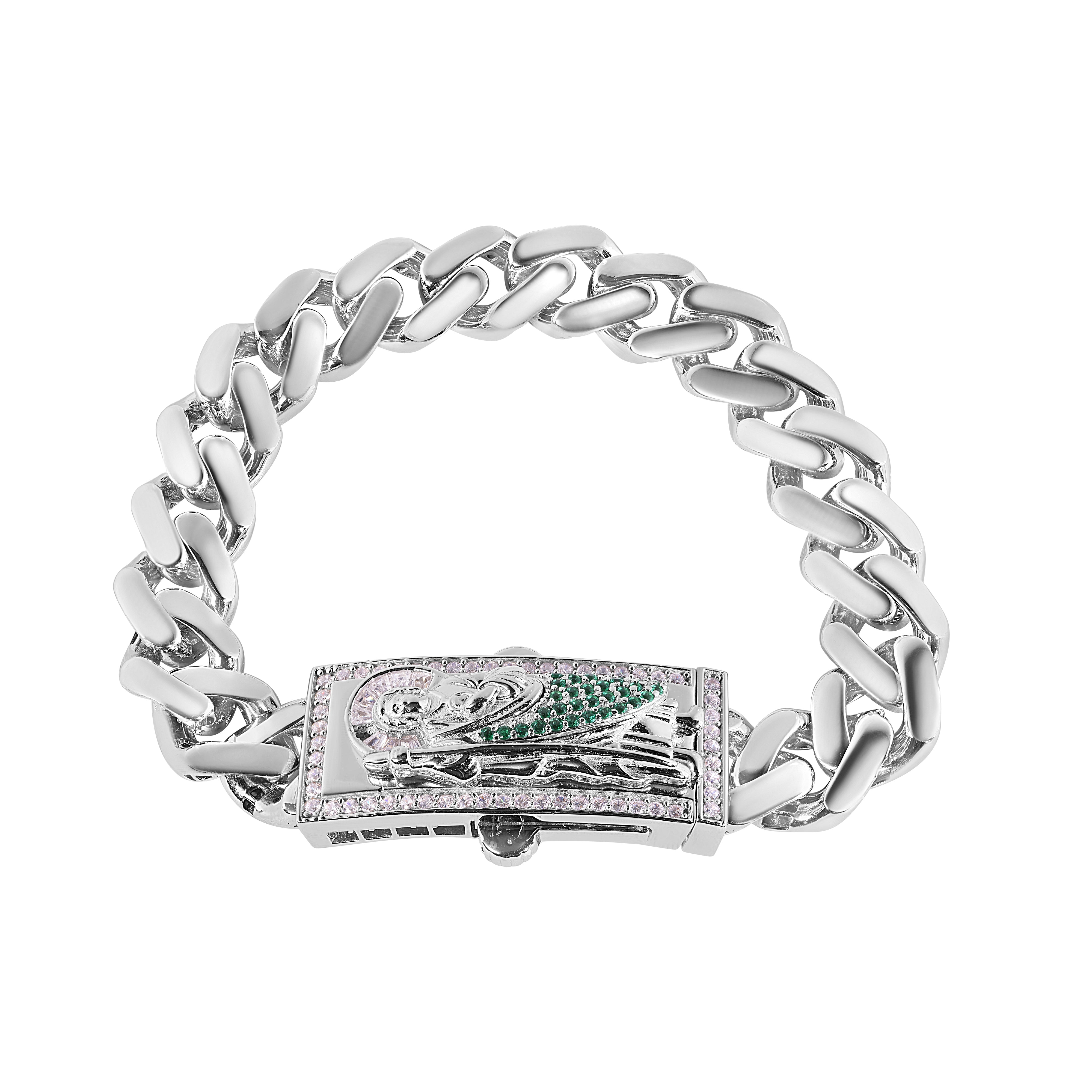 Rhodium Plated 925 Sterling Silver Rectangle St Jude Cuban 6.5mm Clear CZ Bracelet - GMB00146