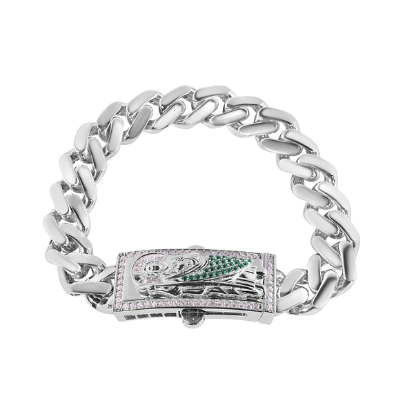 Rhodium Plated 925 Sterling Silver Rectangle St Jude Cuban 11mm Clear CZ Bracelet - GMB00134