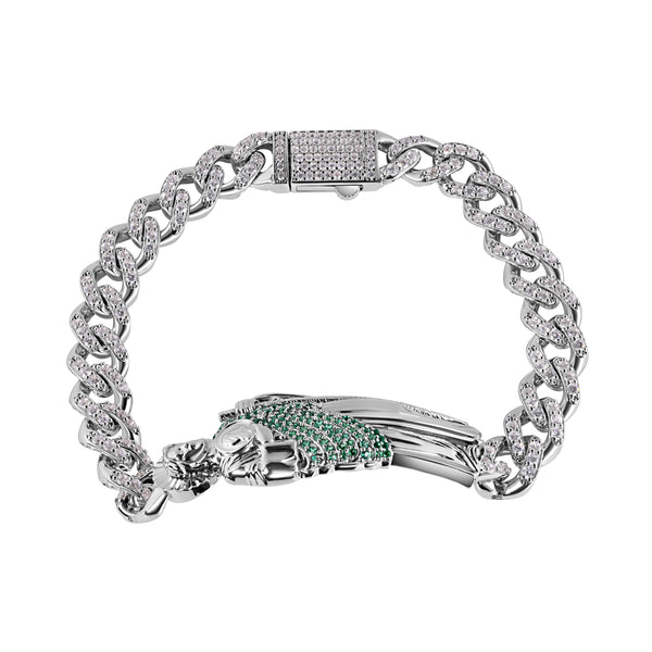 Rhodium Plated 925 Sterling Silver Rectangle St Jude Clear CZ Studded Cuban 8.8mm Bracelet - GMB00136