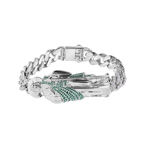 Rhodium Plated 925 Sterling Silver St Jude Clear CZ Studded Cuban 10.4mm Bracelet - GMB00137