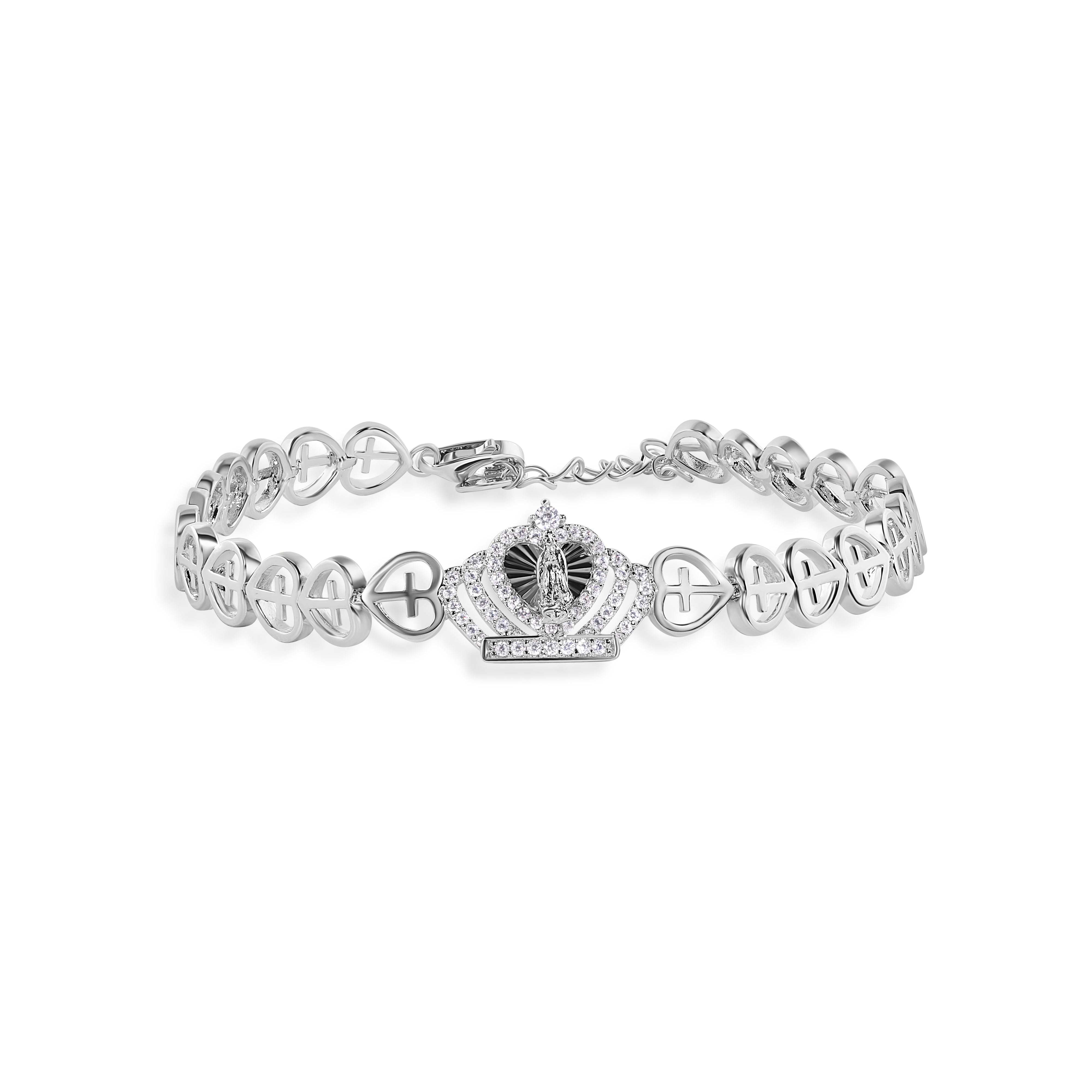 Rhodium Plated 925 Sterling Silver 6.3mm Crown Our Lady of Guadalupe Diamond Cut Heart Cross Chain Adjustable Bracelet - GMB00140