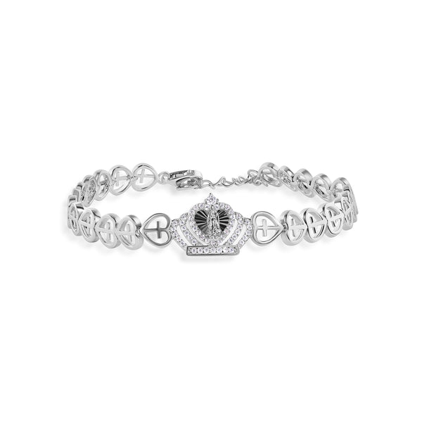 Rhodium Plated 925 Sterling Silver 6.3mm Crown Our Lady of Guadalupe Diamond Cut Heart Cross Chain  Adjustable Bracelet - GMB00140