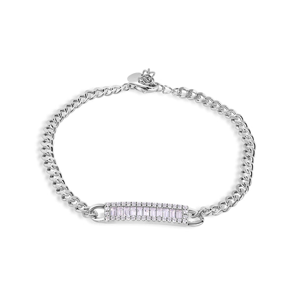 Rhodium Plated 925 Sterling Silver 3.5mm Curb Baguette Clear CZ Adjustable Bracelet - GMB00142
