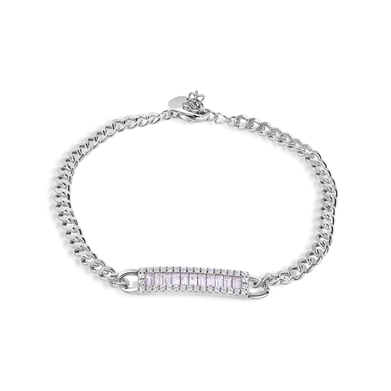 Rhodium Plated 925 Sterling Silver 3.5mm Curb Baguette Clear CZ Adjustable Bracelet - GMB00142