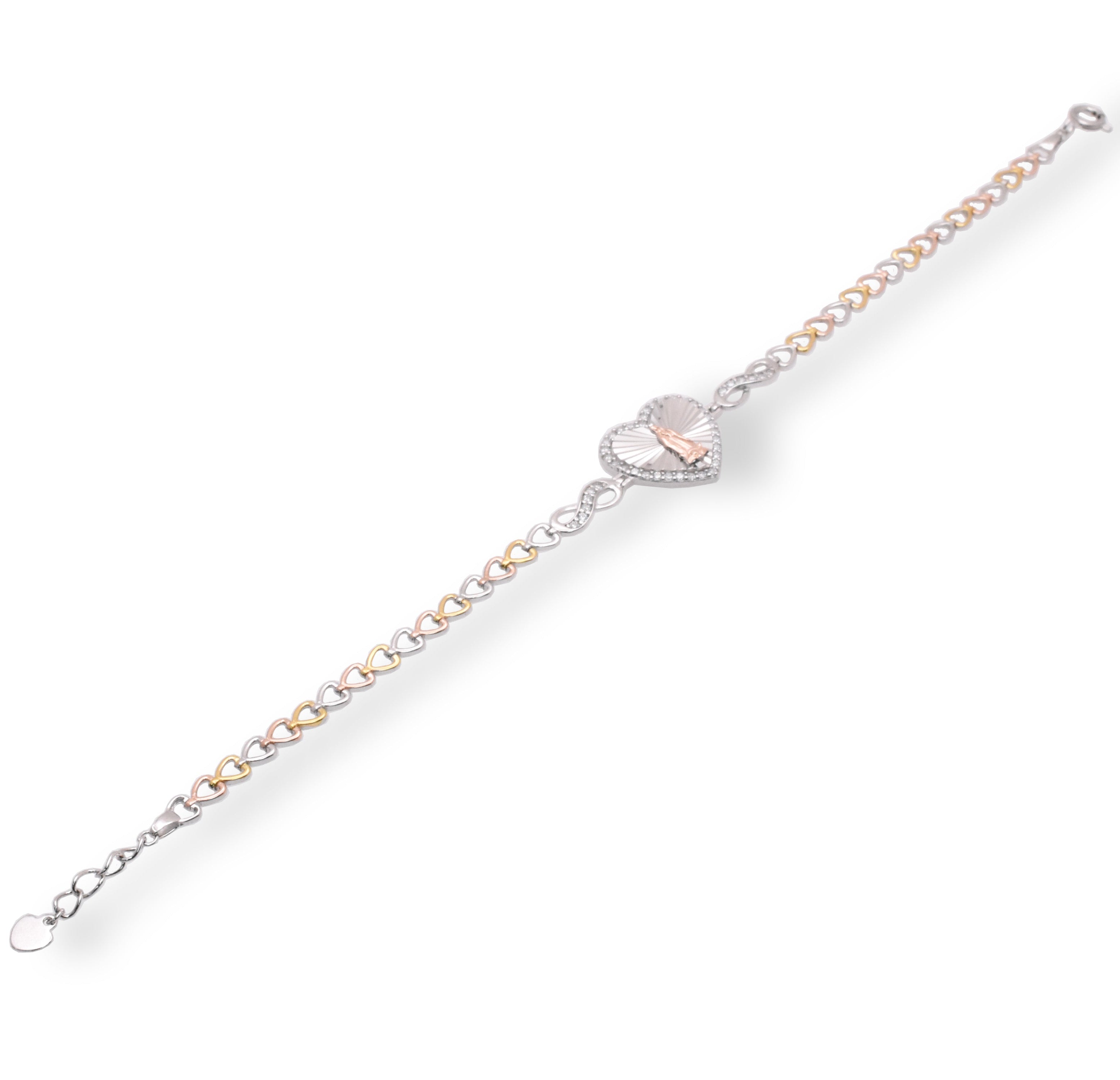 Three Tone Plated 925 Sterling Silver Diamond Cut Heart Guadalupe 16.8mm x 15.1 Clear CZ Adjustable Bracelet - GMB00153TRI