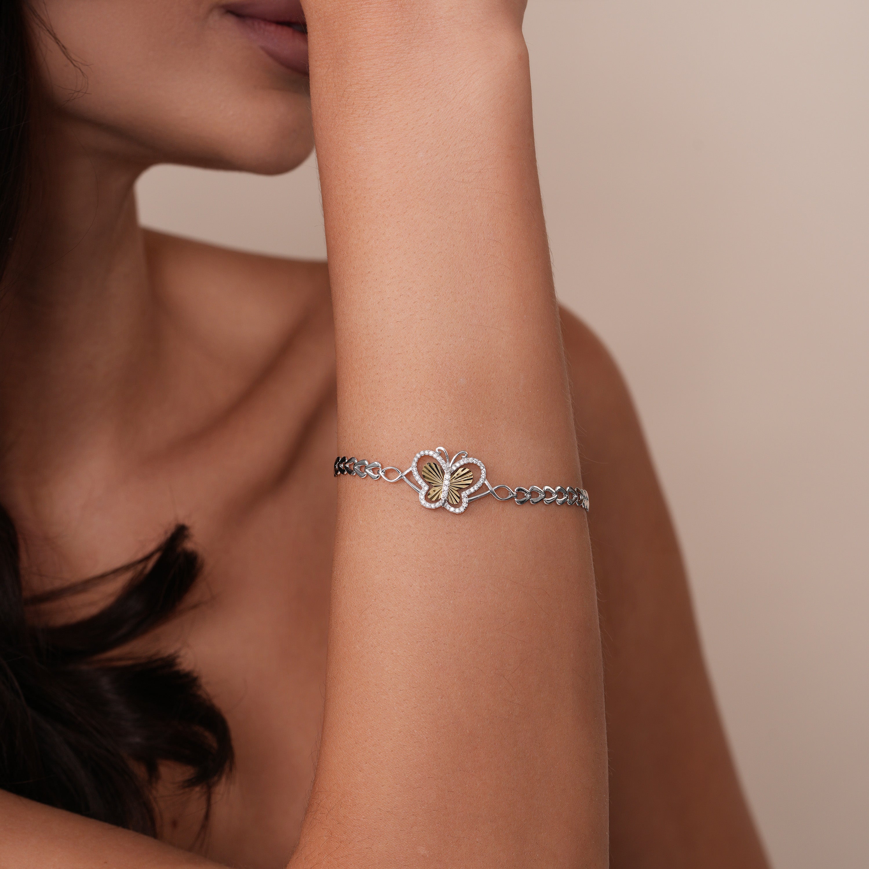 Two Tone Plated 925 Sterling Silver Diamond Cut 17mm x 14mm Butterfly Clear CZ Adjustable Bracelet - GMB00154RG