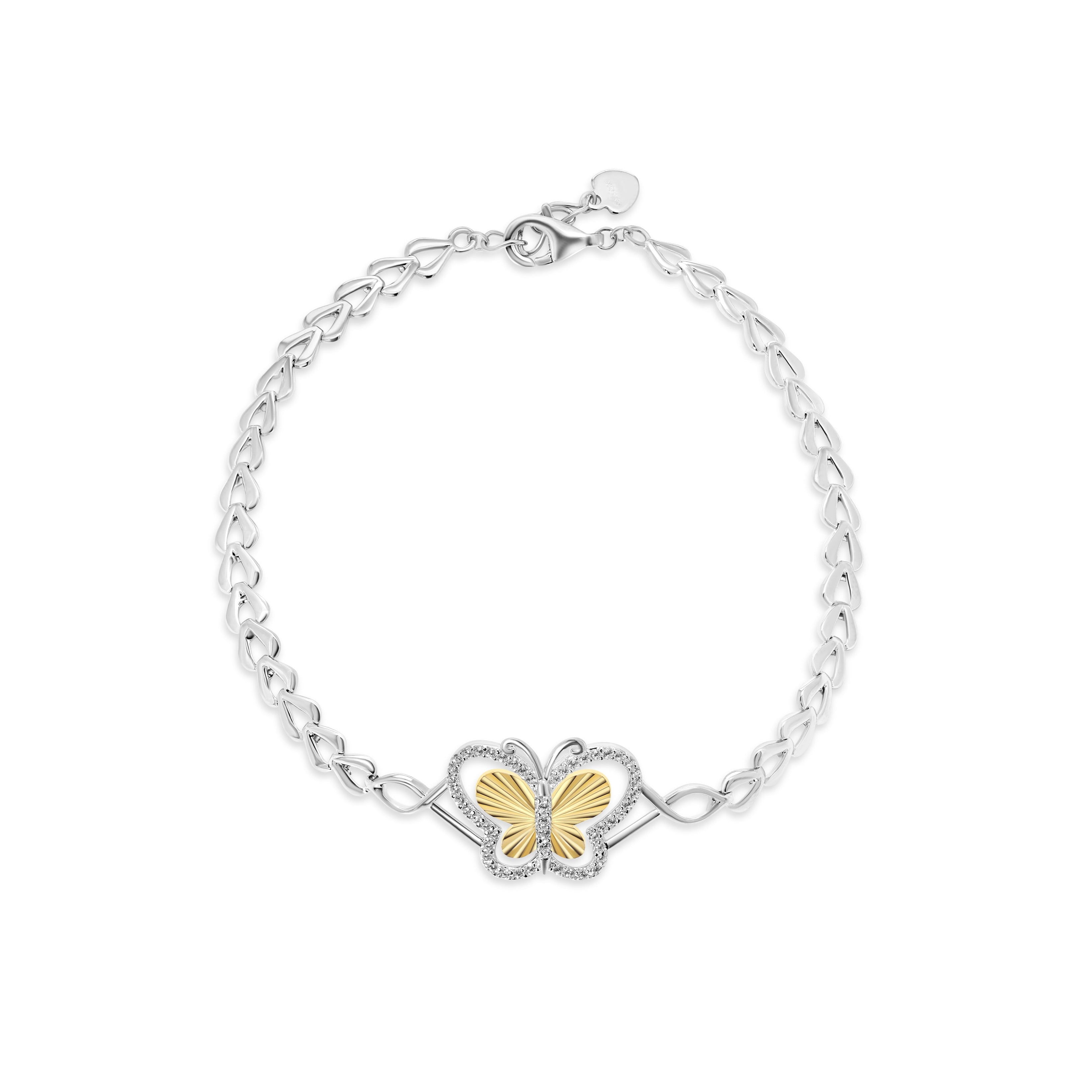 Two Tone Plated 925 Sterling Silver Diamond Cut 17mm x 14mm Butterfly Clear CZ Adjustable Bracelet - GMB00154RG
