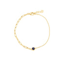 Gold Plated 925 Sterling Silver Half Paperclip and Half Rolo Round Sapphire Blue CZ Adjustable Bracelet - GMB00157GP