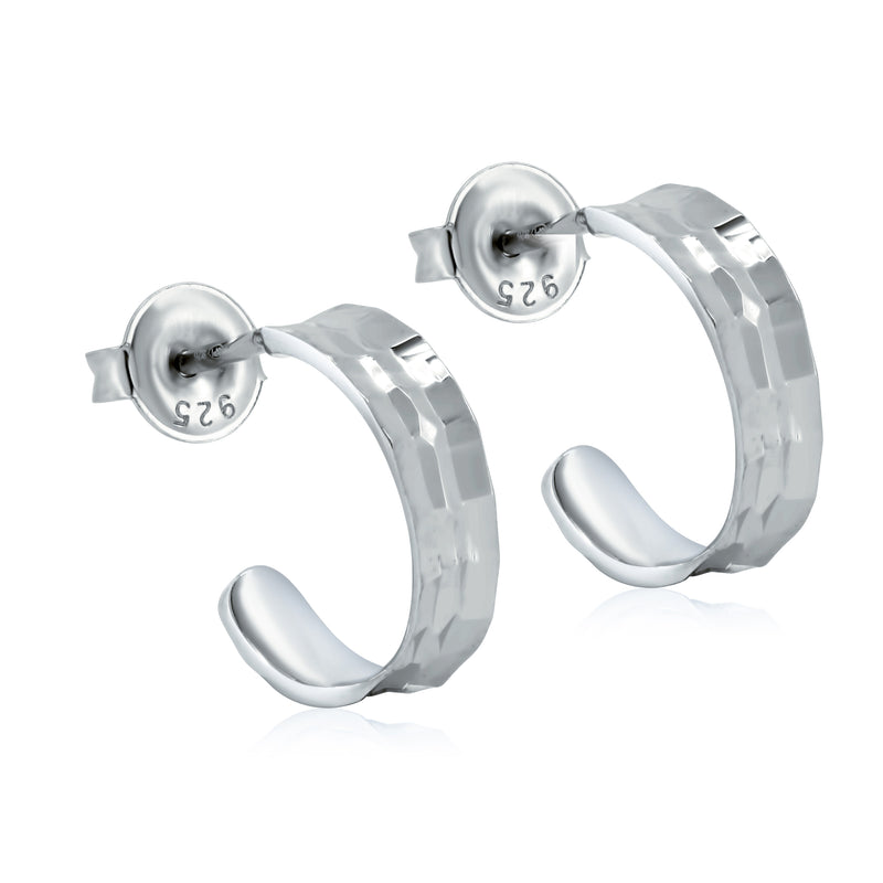 Rhodium Plated 925 Sterling Silver Diamond Cut 13.5 Semi Hoop Stud Earrings - GME00122