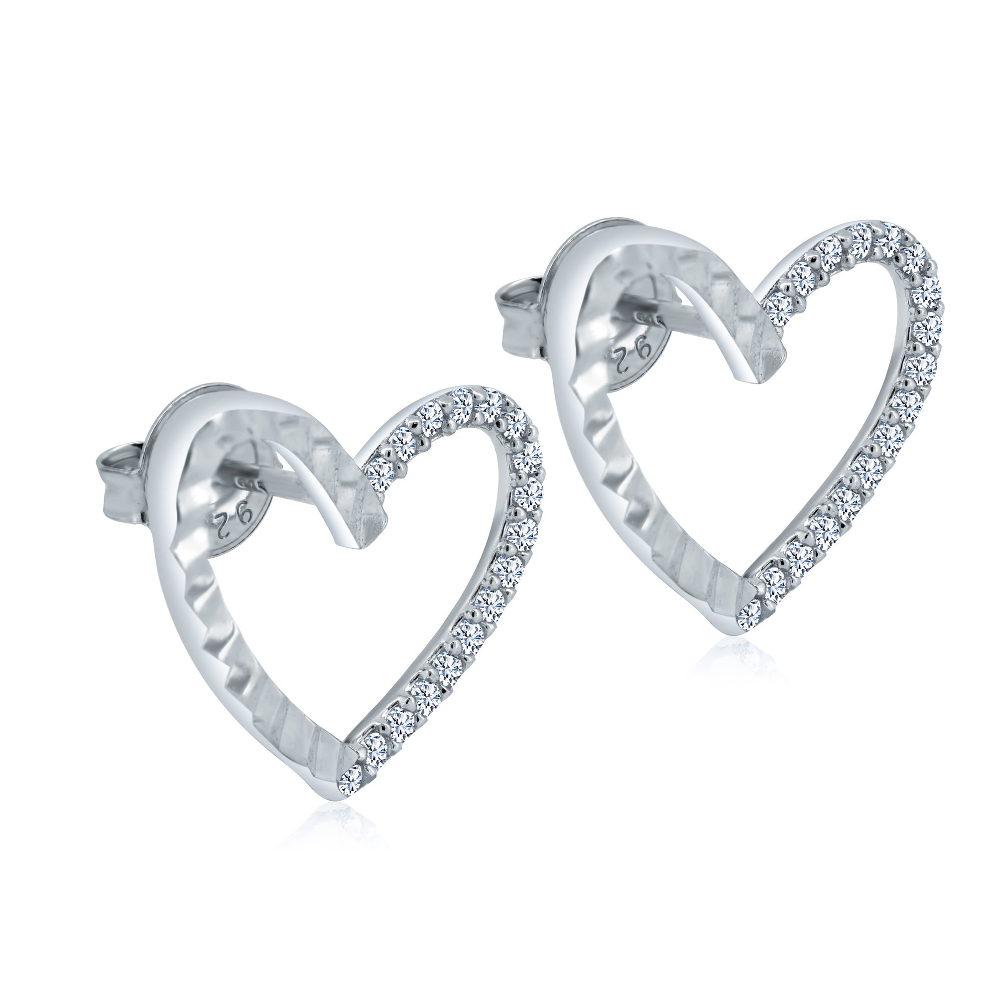 Pendientes de botón con forma de corazón de circonita cúbica transparente con corte de diamante en plata de ley 925 rodiada - GME00132