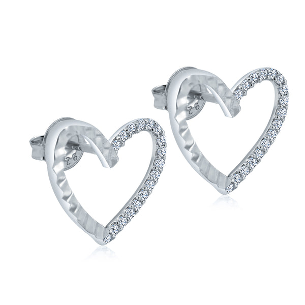 Rhodium Plated 925 Sterling Silver Diamond Cut Clear CZ Heart Stud Earrings - GME00132