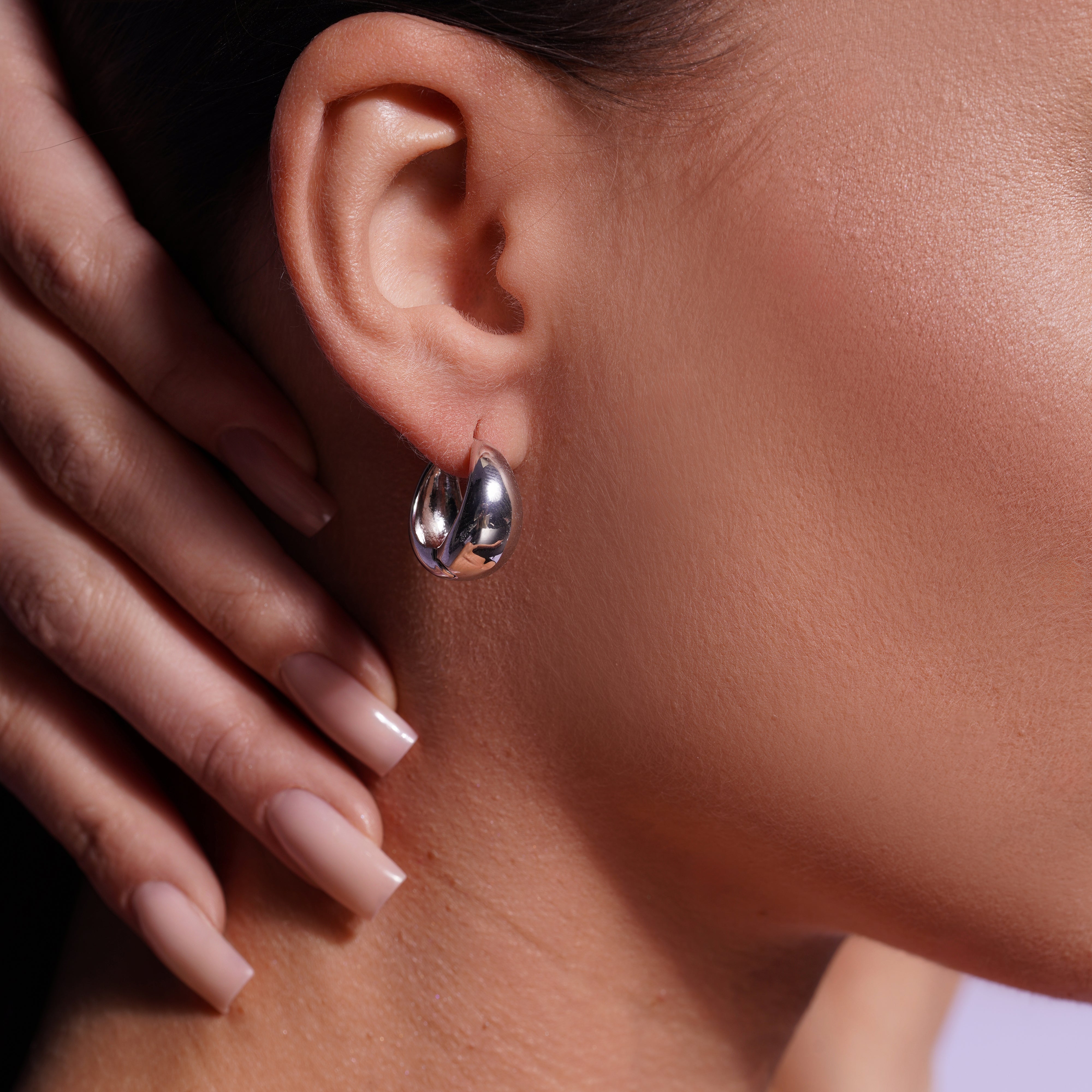 Rhodium Plated 925 Silver Chunky Round Huggie Hoop Earrings -GME00158RH