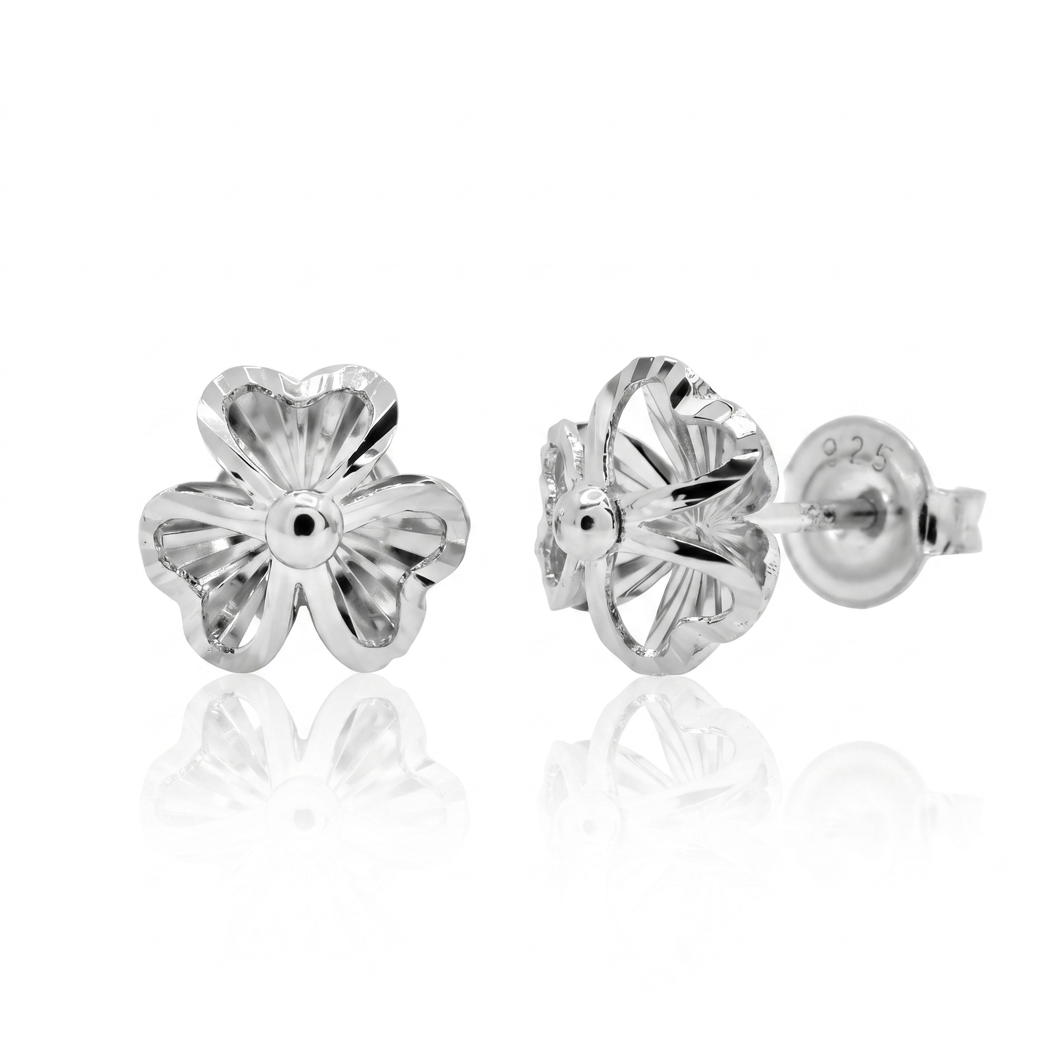 Rhodium Plated 925 Sterling Silver Diamond Cut Clover Stud Earrings - GME00168
