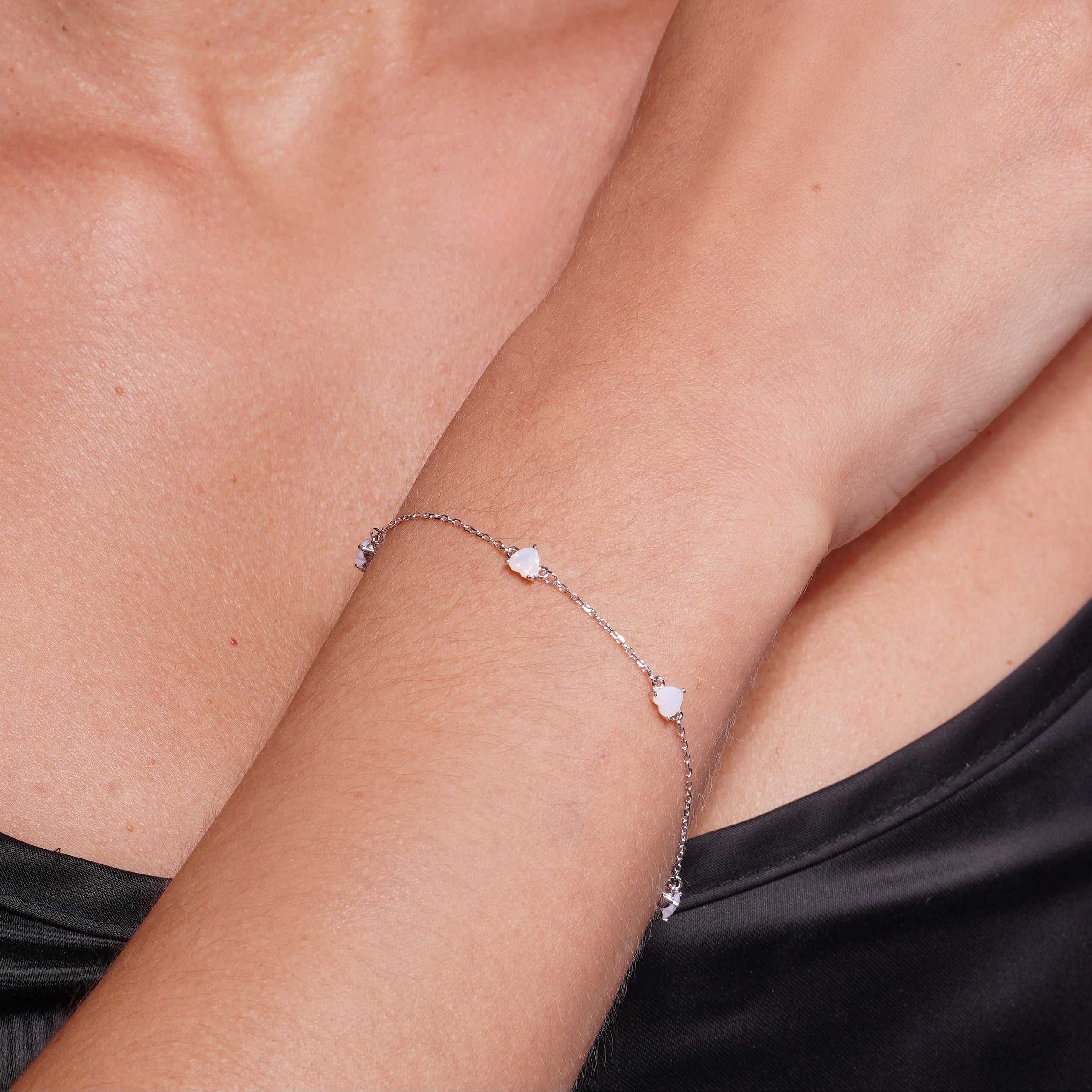 Rhodium Plated 925 Sterling Silver Multi Heart Opal Adjustable Bracelet - GMB00202