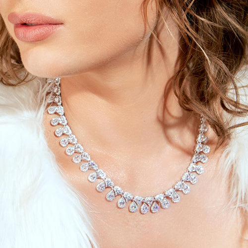 Rhodium Plated 925 Sterling Silver Chunky CZ Heart Tear Drop Bridal Necklace - GMN00107
