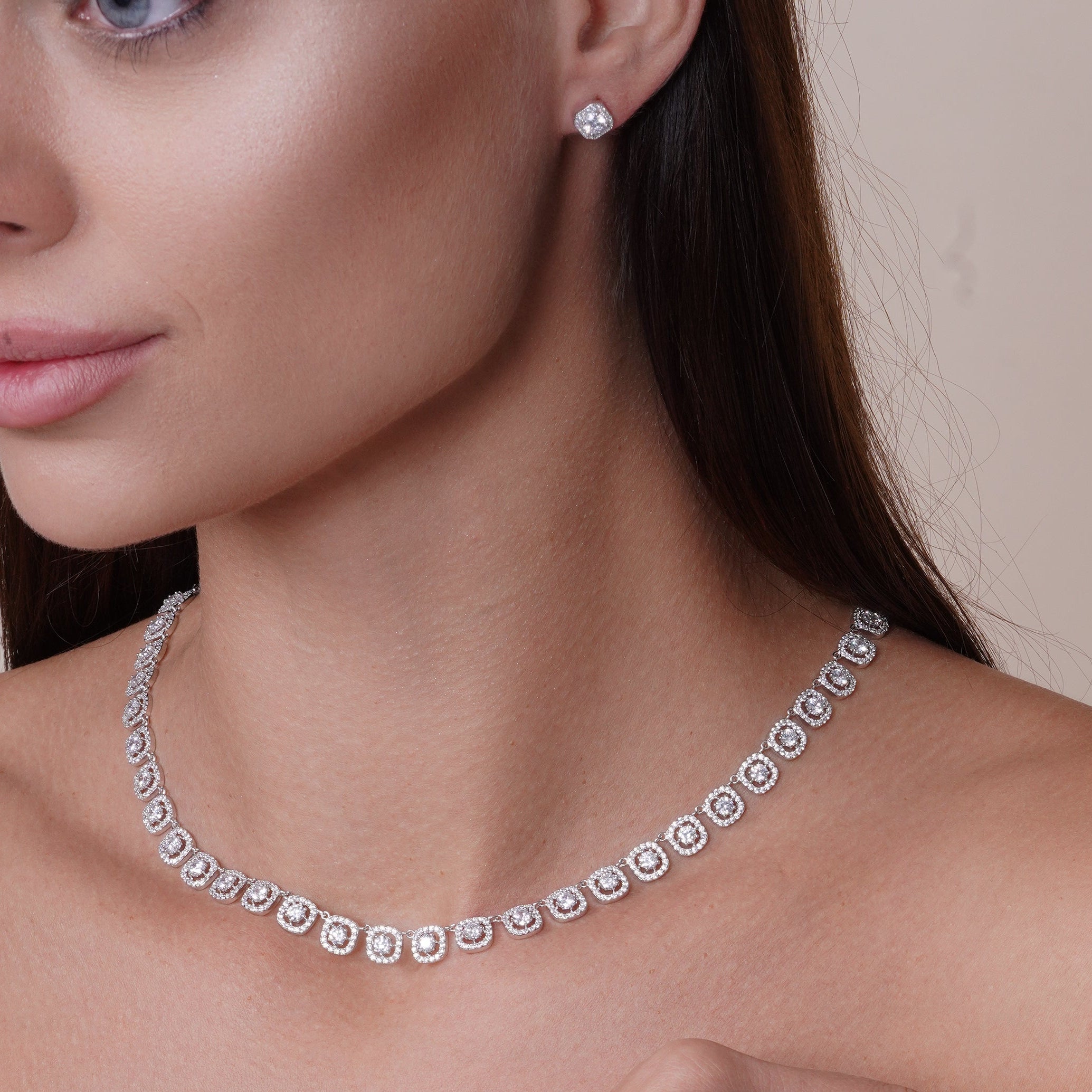 Silver 925 Rhodium Plated Round Halo Earrings - STE01040