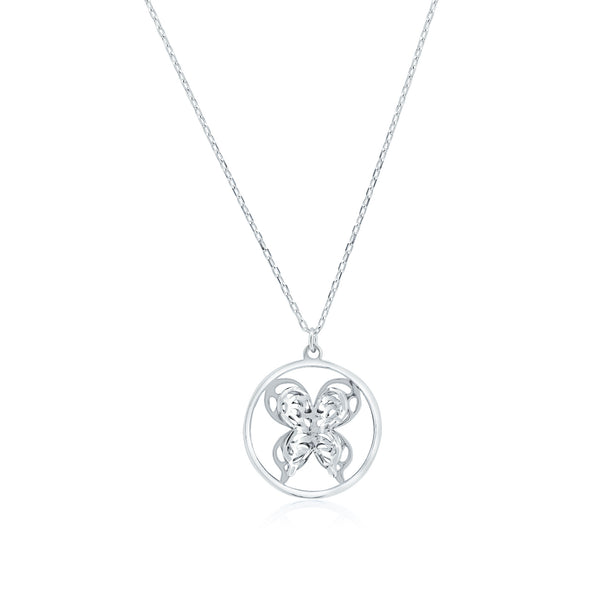 Rhodium Plated 925 Sterling Silver Diamond Cut 3D Butterfly Round Pendant Necklace - GMN00208