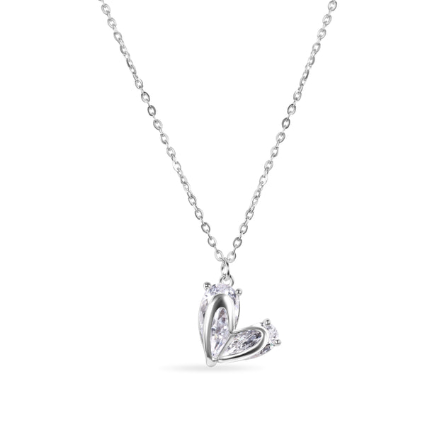 Rhodium Plated 925 Sterling Silver Heart Clear CZ Adjustable Necklace - GMN00224