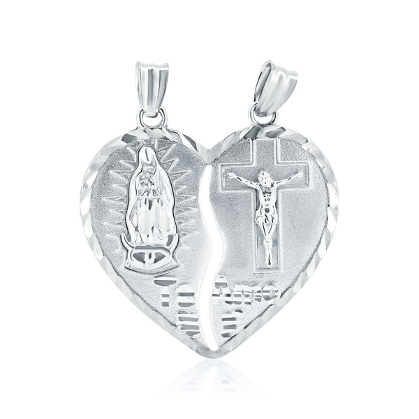 Rhodium Plated 925 Sterling Silver Unbreakable Love 3 Dimensional Guadalupe and Cross Heart Pendant - GMP00118