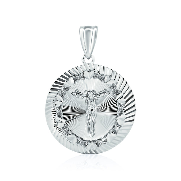 Rhodium Plated 925 Sterling Silver Diamond Cut Crucifix Round Pendant - GMP00121