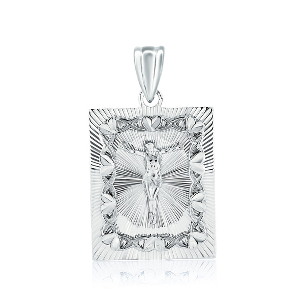 Rhodium Plated 925 Sterling Silver Diamond Cut Crucifix Square Pendant - GMP00135