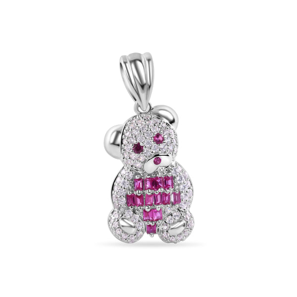 Rhodium Plated 925 Sterling Silver Small 18.6mm Teddy Bear Red Baguette and Clear CZ Pendant - GMP00141