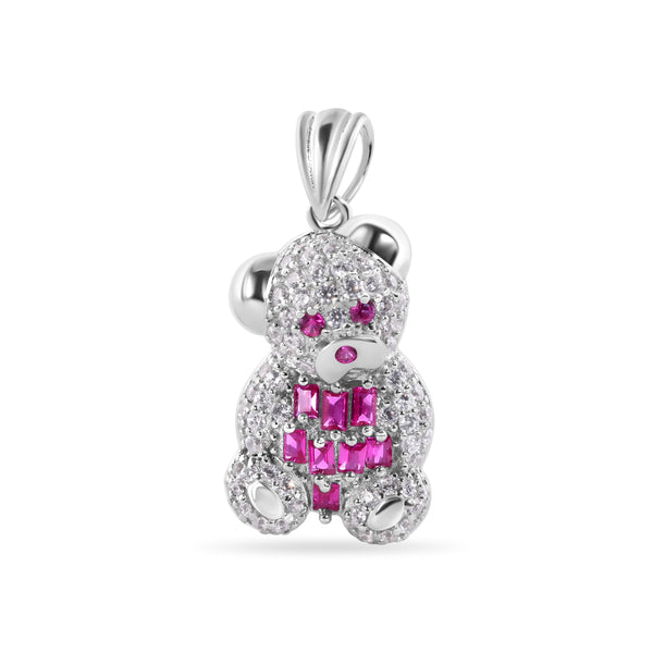 Rhodium Plated 925 Sterling Silver Medium 21.1mm Teddy Bear Red Baguette and Clear CZ Pendant - GMP00142