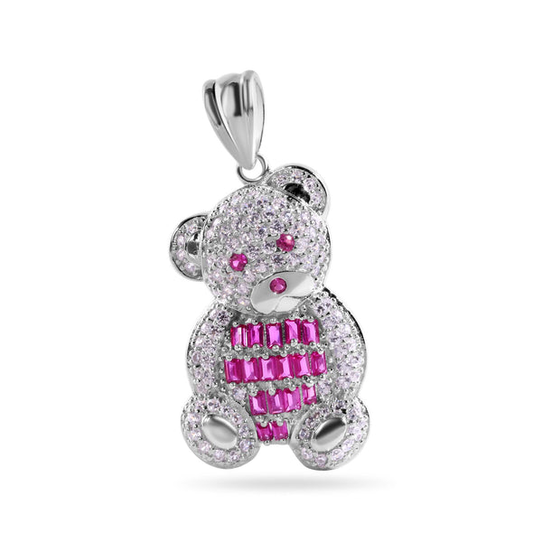 Rhodium Plated 925 Sterling Silver Large 27.2mm Teddy Bear Red Baguette and Clear CZ Pendant - GMP00143
