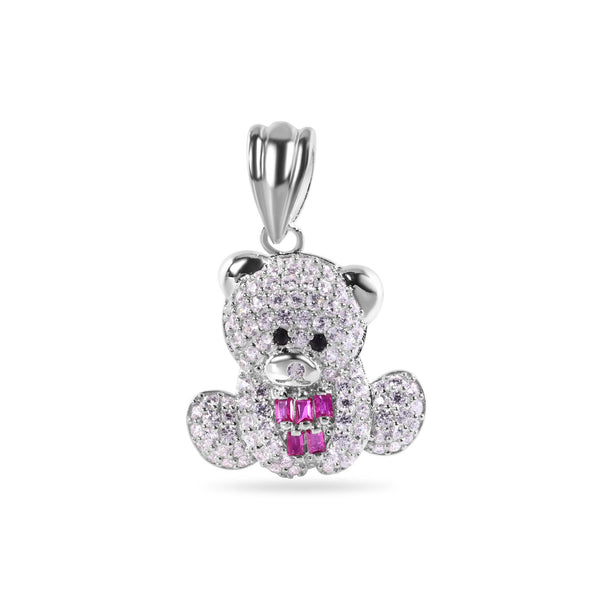 Rhodium Plated 925 Sterling Silver Teddy Bear Red Baguette and Clear CZ Pendant - GMP00144