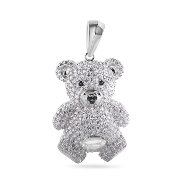 Rhodium Plated 925 Sterling Silver Teddy Bear Clear and Black CZ Pendant - GMP00146
