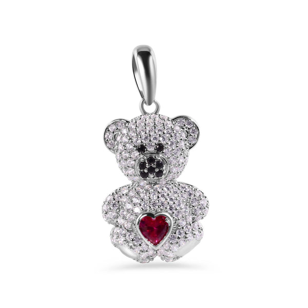 Rhodium Plated 925 Sterling Silver Teddy Bear Red Heart Black and Clear CZ Pendant - GMP00147