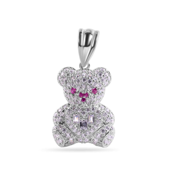 Rhodium Plated 925 Sterling Silver Teddy Bear Clear Baguette Heart Red and Clear CZ Pendant - GMP00148