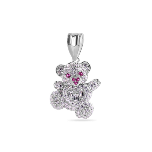 Rhodium Plated 925 Sterling Silver Teddy Bear Clear Baguette Heart Red and Clear CZ Pendant - GMP00149