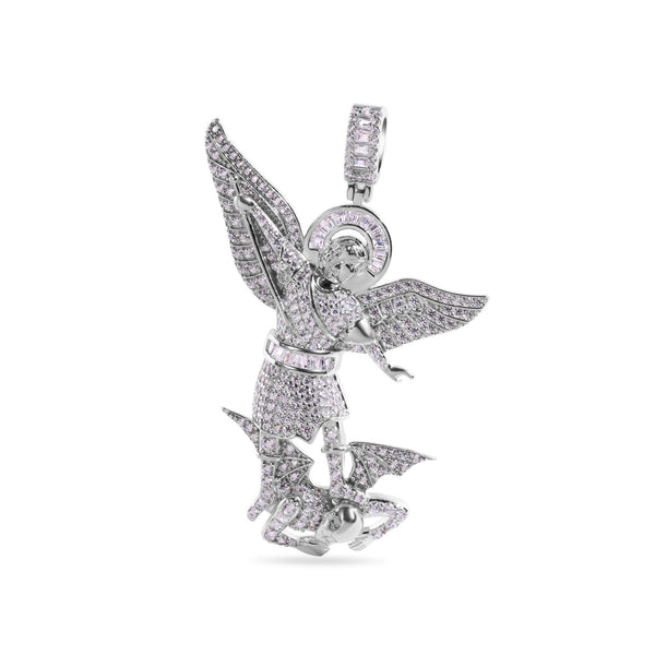 Rhodium Plated 925 Sterling Silver Saint Michael Clear CZ Small Pendant - GMP00153