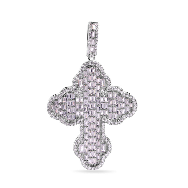 Rhodium Plated 925 Sterling Silver Cathedral Cross Baguette Clear CZ Pendant - GMP00157