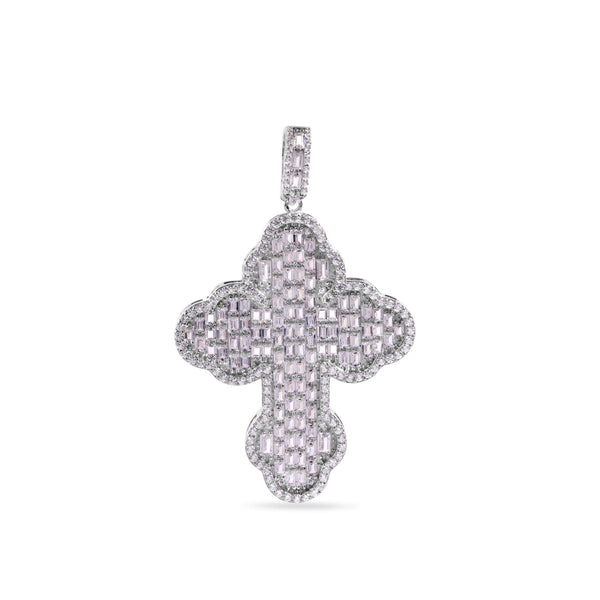 Rhodium Plated 925 Sterling Silver Cathedral Cross Baguette Clear CZ Pendant - GMP00158