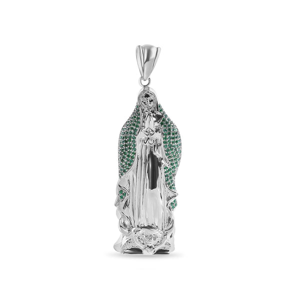 Rhodium Plated 925 Sterling Silver Virgin Mary 3D Green CZ Small Pendant - GMP00167