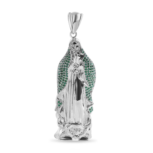 Rhodium Plated 925 Sterling Silver Virgin Mary 3D Green CZ Pendant - GMP00168