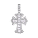 Rhodium Plated 925 Sterling Silver 32.1mm Fleur De Lis Cross Baguette Cut Clear CZ Pendant - GMP00170