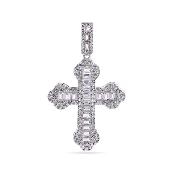 Rhodium Plated 925 Sterling Silver Cross Baguette Clear CZ Pendant - GMP00171