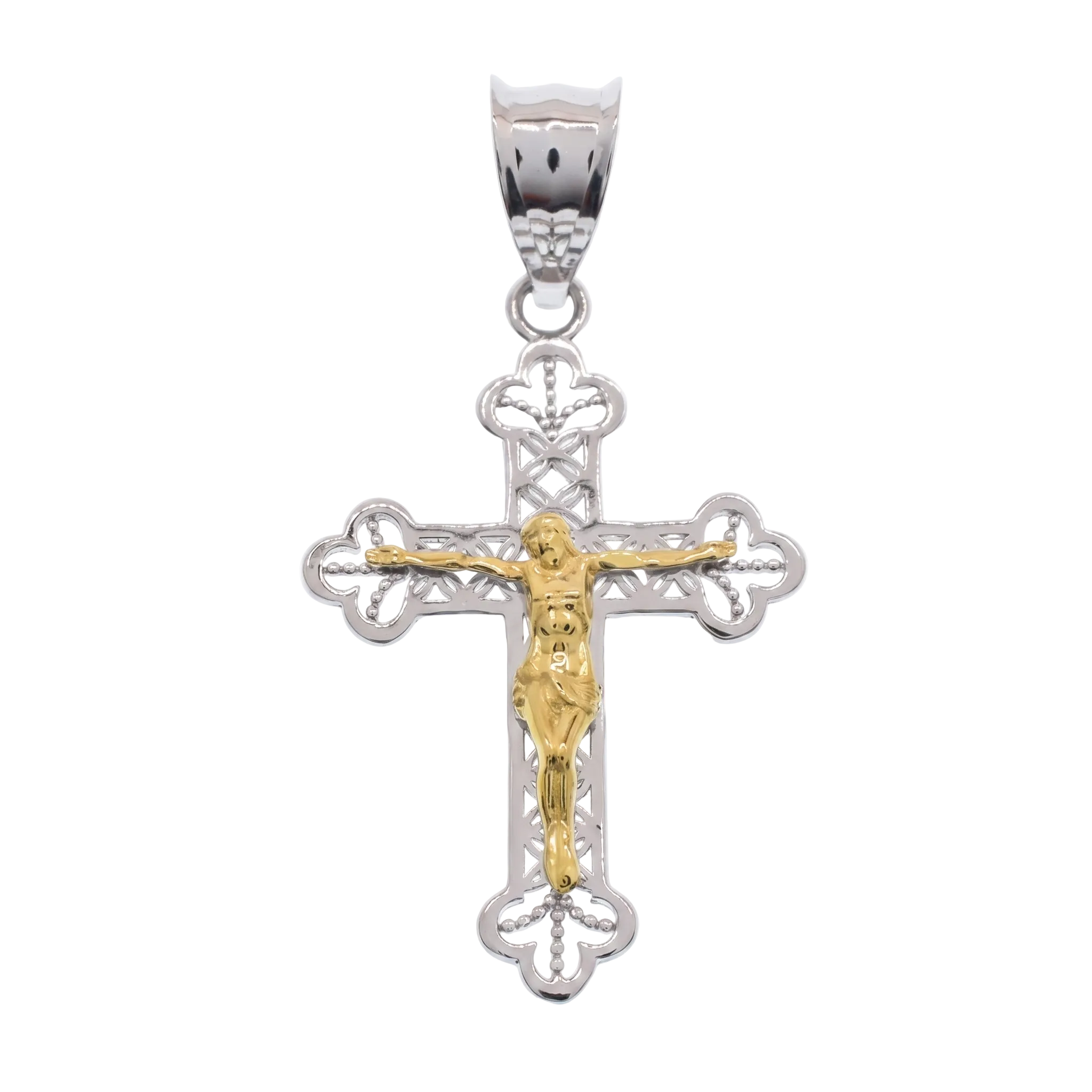 Colgante de crucifijo calado de plata de ley 925 con baño de dos tonos - GMP00215