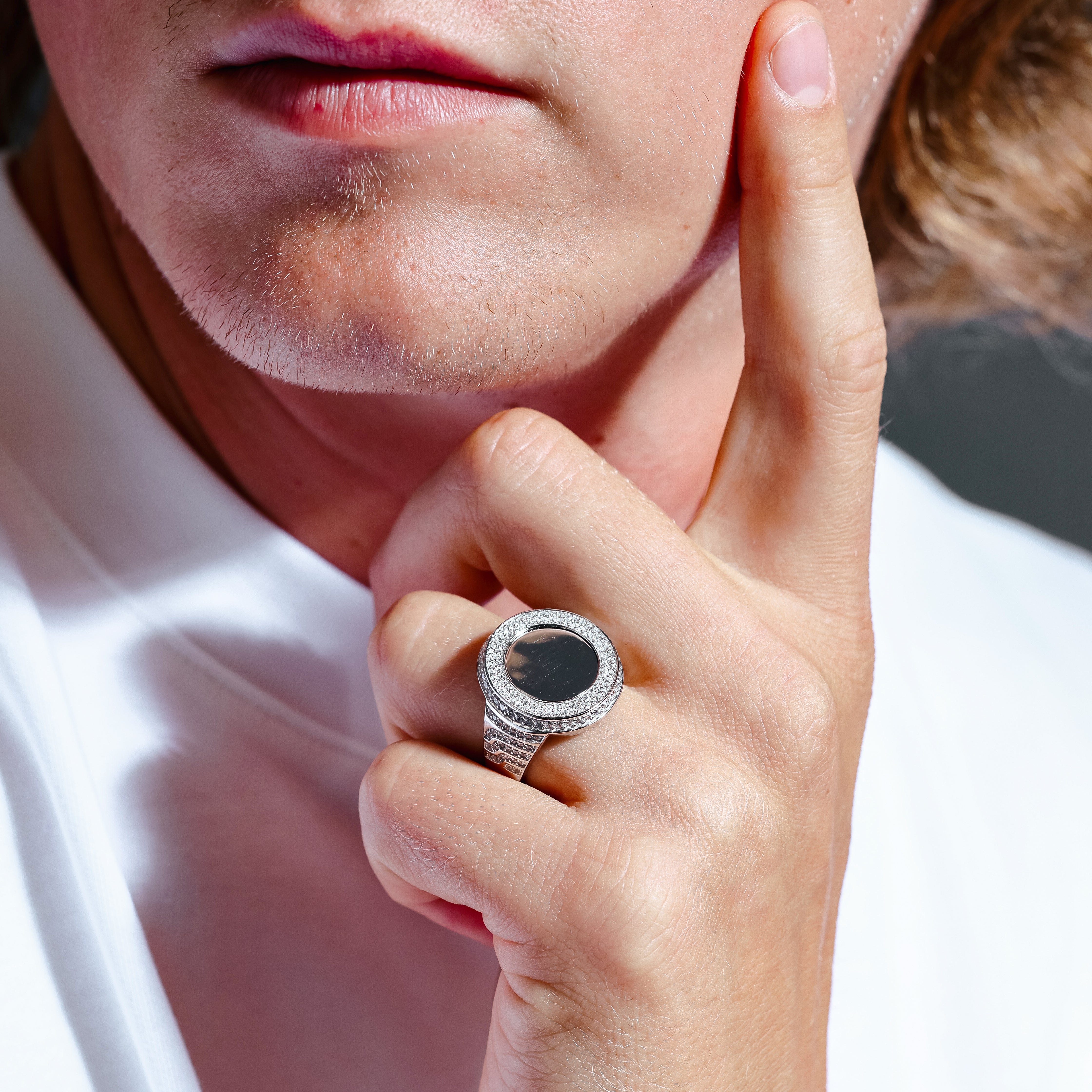 Anillo de plata de ley 925 rodiada con circonita cúbica redonda y disco de espejo - GMR00309