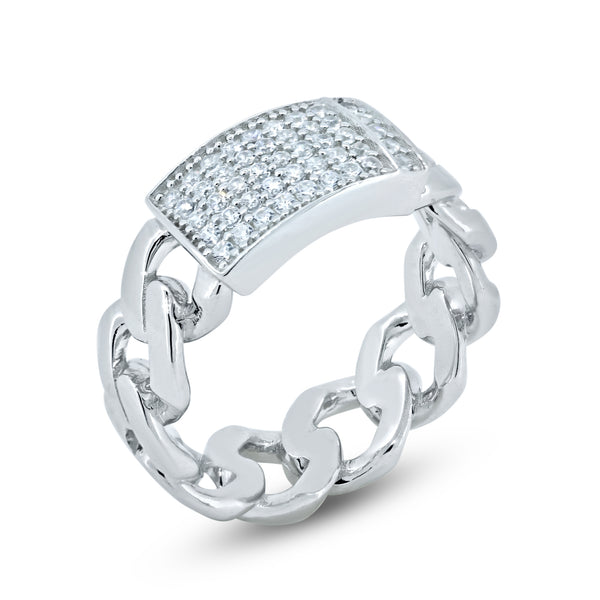 Rhodium Plated 925 Sterling Silver CZ Encrusted ID Cuban Link Ring - GMR00372