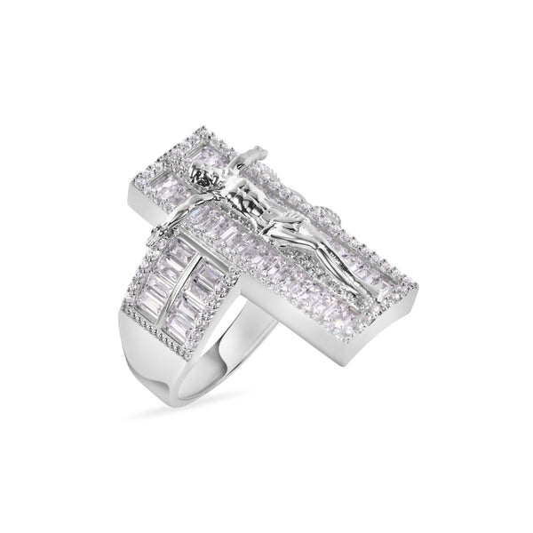 Rhodium Plated 925 Sterling Silver Cross Baguette Cut Clear CZ 9.6mm Ring - GMR00380